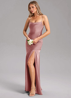 Azazie Grata Robes de demoiselle d'honneur Robe Fourreau en Satin extensible Fente Latérale Rose Poussiéreuse image4