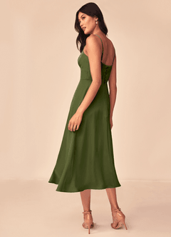 Azazie Dottie Robes de demoiselle d'honneur Robe Trapèze en Satin extensible Olive image5