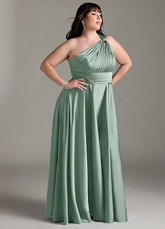 Azazie Charlize Robes de demoiselle d'honneur Robe Trapèze en Satin extensible Asymétrique Agave image12