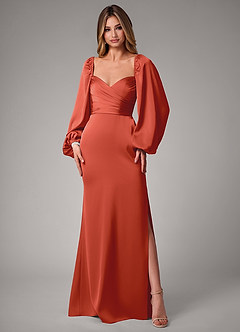 Azazie Sonata Bridesmaid Dresses Rust Sheath Long Sleeve Stretch Satin Convertible Dress image3