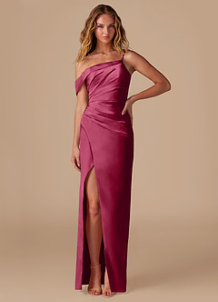 Azazie Lia Bridesmaid Dresses Burgundy Sheath Off the Shoulder Metallic Satin Dress image1