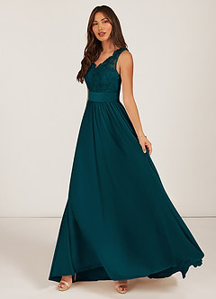 Azazie Gertrude Bridesmaid Dresses Pine A-Line Lace Chiffon Dress image3