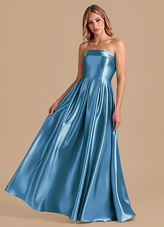 Azazie Lucienne At-home Try On Dresses Dark Green A-Line Pleated Metallic Satin Dress image1