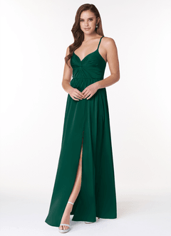 Azazie Raya Bridesmaid Dresses Emerald A-Line V-Neck Pleated Stretch Satin Dress image3