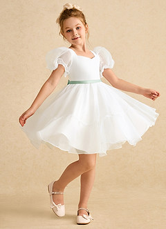 Azazie Debbie Flower Girl Dresses Ivory Agave Ball-Gown Sweetheart Neckline Organza Dress image3