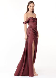 Azazie Amyra Bridesmaid Dresses Merlot Sheath Off the Shoulder Stretch Satin Convertible Dress image4