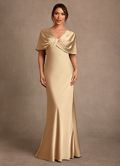 Azazie Dosia Mother of the Bride Dresses Champagne Sheath Pleated Stretch Satin Dress image1