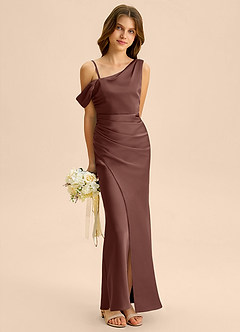 Azazie Madelyn Junior Osłona Zza ramienia Satyna elastyczna Długość podłogi Młodsza druhna Sukienka image4