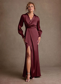 Azazie Jacinta Mère de la mariée Robes Robe Fourreau en Satin extensible Plissée Cabernet image1