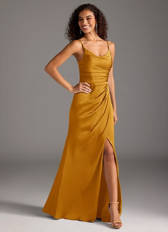 Azazie Deandra Bridesmaid Dresses Butterscotch Mermaid Pleated Stretch Satin Dress image5