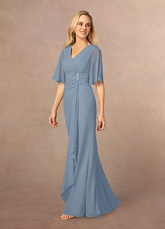 Azazie Carson Mother of the Bride Dresses Dusty Blue A-Line V-Neck Lace Chiffon Dress image2