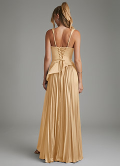 Azazie Stephanie Bridesmaid Dresses Gold A-Line Corset Stretch Satin Dress image2