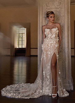 Azazie Alethea Vestidos de novia Vestido de Blanco Diamante Arena de Encaje de Corte Sirena con Sin tirantes image3