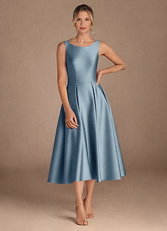 Azazie Fulton Mother of the Bride Dresses Dusty Blue A-Line Pleated Stretch Satin Dress image4