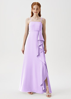 Azazie Kaylee Junior Lilac A-Line with Belt Stretch Satin Dress image3