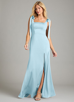 Azazie Frostine Bridesmaid Dresses Sky Blue A-Line Bow Stretch Satin Dress image4