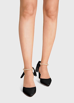 front Satin-Pumps mit spitzer Spitze und Blockabsatz, Perlen und Schleife