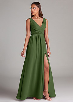 Azazie Tanicia Robes de demoiselle d'honneur Robe Trapèze en Mousseline de soie Plissée Olive image3