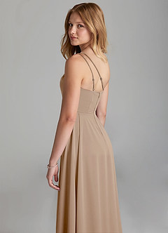 Azazie Maron Junior Taupe A-Line Pleated Stretch Satin Dress image2