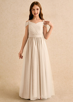 Azazie Yuna Girls Formal Abiti da Ragazza di Fiori Abito A-Line in Tulle Spalle Scoperte Alabastro Bianco image6