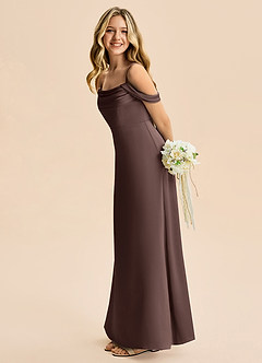 Azazie Lettie Junior A라인 오프 더 숄더 스트레치 새틴 플로어 길이 주니어 신부 들러리 드레스 image1