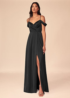 Azazie Ocean Vestidos de damas de honor Vestido de Negro de Satén Elástico de Corte en A con Cuello en V Plisado image1