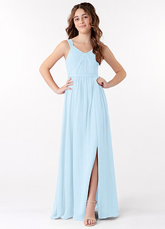 Azazie Evie Junior Vestido de Azul Cielo de Gasa de Corte en A con Plisado image1