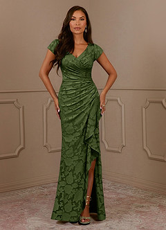 Azazie Roya Mother of the Bride Dresses Olive Mermaid Ruched Floral Burnout Dress image2