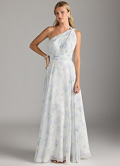 Azazie Charlize Bridesmaid Dresses Blue Vintage Floral A-Line One Shoulder Chiffon Dress image3