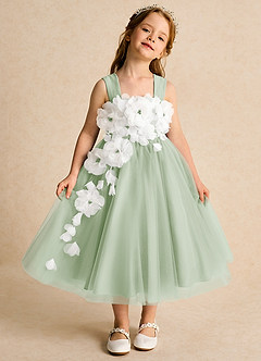 Azazie Dovey Flower Girl Dresses Dusty Sage Ball-Gown Bow Tulle Dress image2
