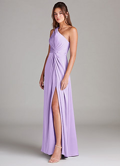 Azazie Brooke Bridesmaid Dresses Lilac A-Line One Shoulder Stretch Satin Dress image11