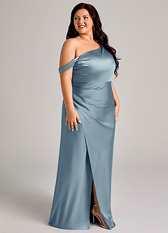 Azazie Madelyn Bridesmaid Dresses Dusty Blue Mermaid One Shoulder Stretch Satin Convertible Dress image12