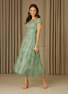 Azazie Sanna Mère de la mariée Robes Robe Trapèze en Tulle Dentelle à encolure dégagée Vert Sauge image3