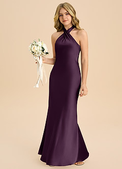 Azazie Chickie Junior 쉬스 주름진 스트레치 새틴 플로어 길이 주니어 신부 들러리 드레스 image4