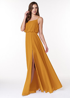 Azazie Lupe Robes de demoiselle d'honneur Robe Trapèze en Mousseline de soie Blouson échancré Caramel écossais image3