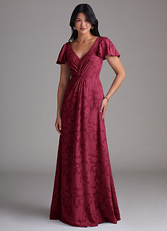 Azazie Soren Bridesmaid Dresses Burgundy A-Line Pleated Floral Burnout Dress image4
