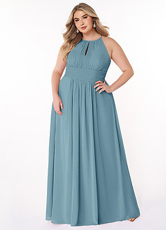 Azazie Bonnie Bridesmaid Dresses Moody Blue A-Line Keyhole Ruched Chiffon Dress image6