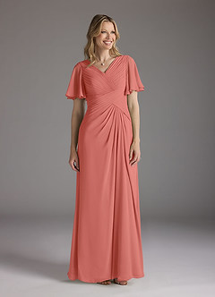 Azazie Morning Glory Mother of the Bride Dresses Salmon Pink A-Line V-Neck Ruched Chiffon Dress image1