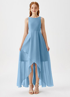 Azazie Lizette Junior Steel Blue A-Line Pleated Chiffon Dress image3