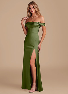 Azazie Saige Bridesmaid Dresses Olive A-Line Off the Shoulder Metallic Satin Convertible Dress image6