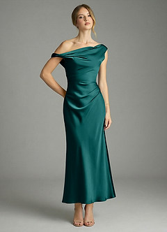 Azazie Emerson Robes de demoiselle d'honneur Robe Sirène en Satin extensible Épaule décolletée Paon image1