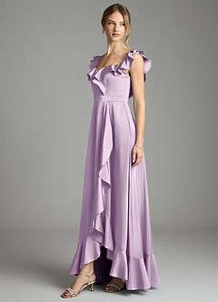 Azazie Lyra Bridesmaid Dresses Frosted Lilac A-Line Off the Shoulder Stretch Satin Convertible Dress image4