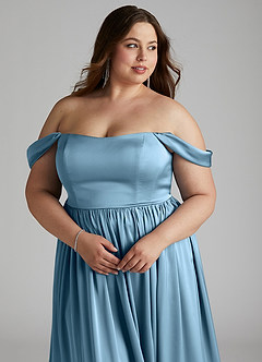 Azazie Morana Bridesmaid Dresses Steel Blue A-Line Off the Shoulder Stretch Satin Convertible Dress image17