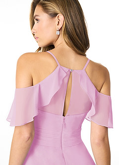Azazie Dakota Vestidos de damas de honor Vestido de Rosa Caramelo de Gasa de Corte en A con Cuello en V plisado image4