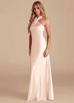 Azazie Doretta Bridesmaid Dresses Blushing Pink Mermaid Bow Metallic Satin Dress image4