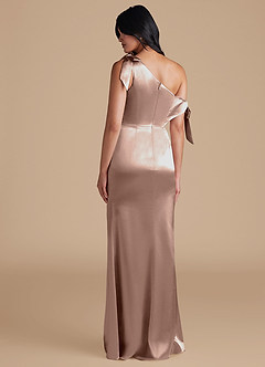 Azazie Xyla Bridesmaid Dresses Taupe Sheath Off the Shoulder Metallic Satin Convertible Dress image5