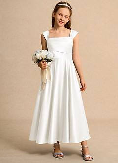 Azazie Bundle Girls Formal Blumenmädchenkleider A-Linie Plissee Matte Satin Kleid Elfenbein image3