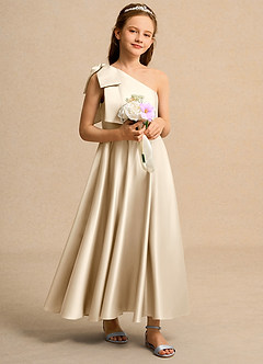 Azazie Guppy Girls Formal Blumenmädchenkleider A-Linie One-Shoulder Matte Satin Kleid Champagner image1