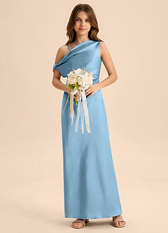 Azazie Emerson Junior Steel Blue Sheath Off the Shoulder Stretch Satin Dress image3