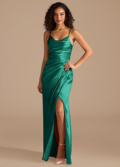 Azazie Deandra Bridesmaid Dresses Emerald Mermaid Pleated Metallic Satin Dress image1